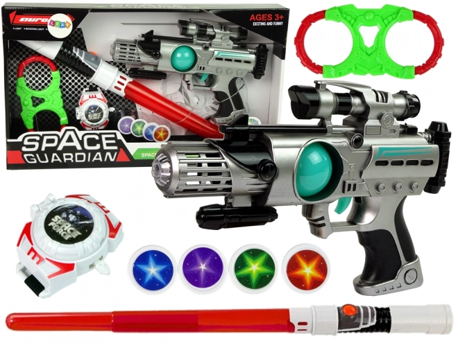 Cosmic Warrior Set with Laser Gun, Light Saber, Handcuffs, and Disk Launcher