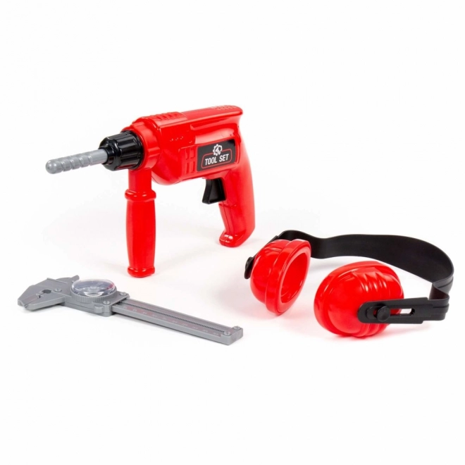 Red Tool Set Drill With Headphones And Caliper