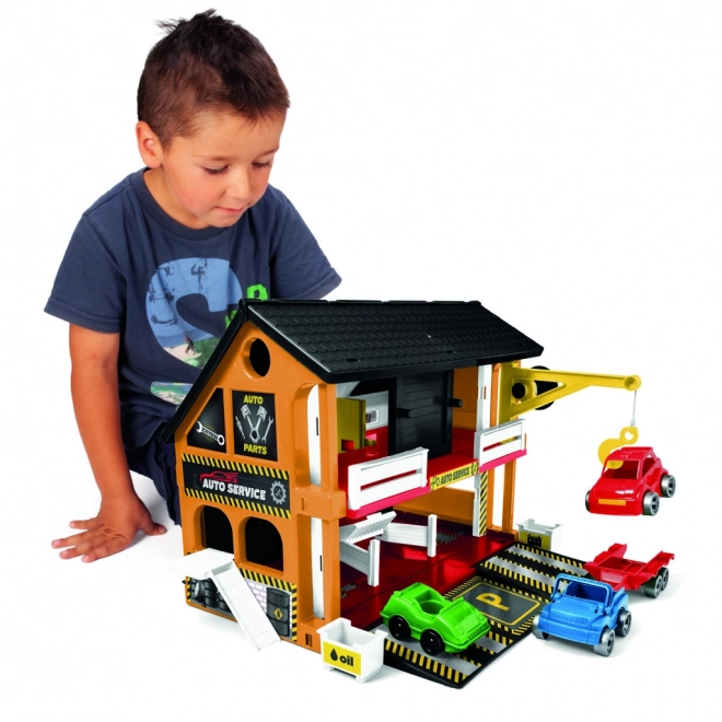 Two-Story Car Service Station Set with 3 Cars by Wader