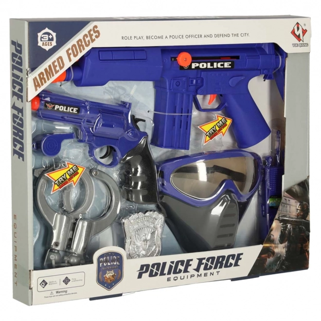 Set di gioco poliziesco con pistola, carabina, maschera e manette
