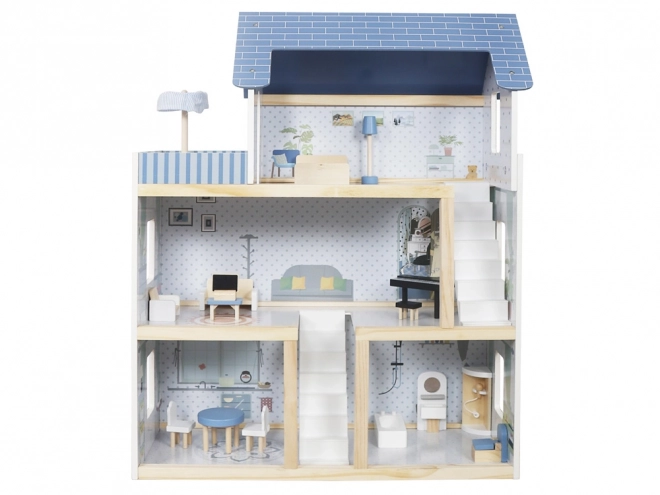 Wooden Blue Dollhouse with Furniture