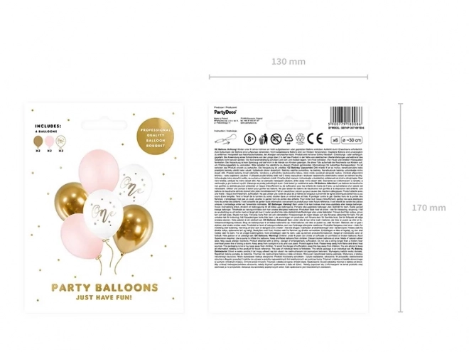 Birthday Balloons in Pastel Pale Pink and Metallic Gold - Set of 6