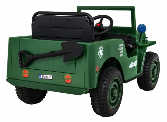 Retro military car for kids green + 4x4 drive + remote control + 2 luggage carriers + slow start + MP3 LED
