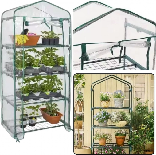 Mini Greenhouse Balcony Garden 4 Shelves, Metal, PVC Film 69 x 49 x 157 cm