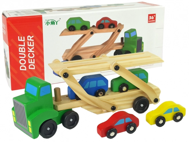 Wooden Green Car Transporter Truck with Cars