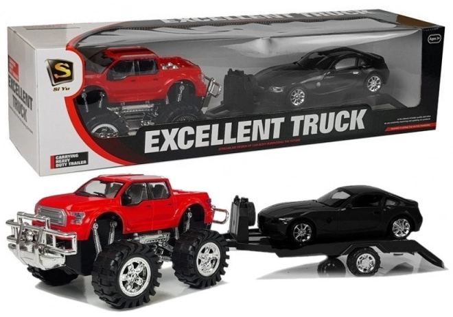 Red Monster Truck and Black BMW Trailer Set