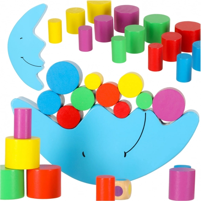 Montessori-Balancespiel Holz-Mond mit Würfel und bunten Blöcken