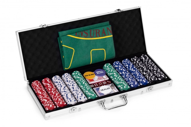 Poker és Blackjack készlet – 500 zseton, 2 pakli kártya, kockák, játéktábla, zárható táska