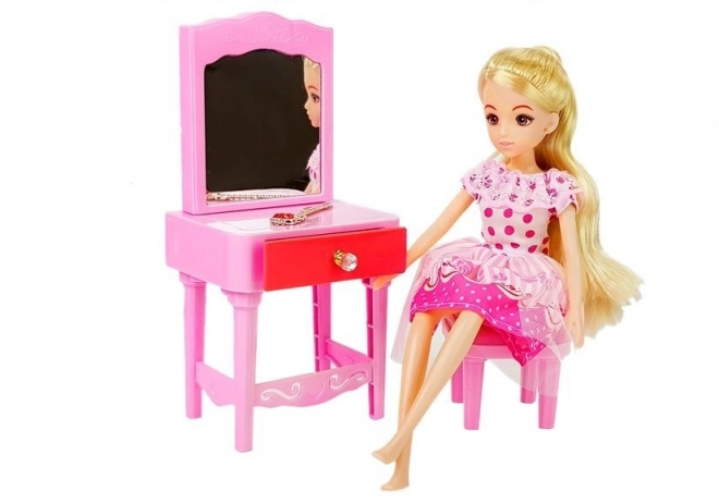 Doll Furniture Set with Bed, Wardrobe, and Vanity