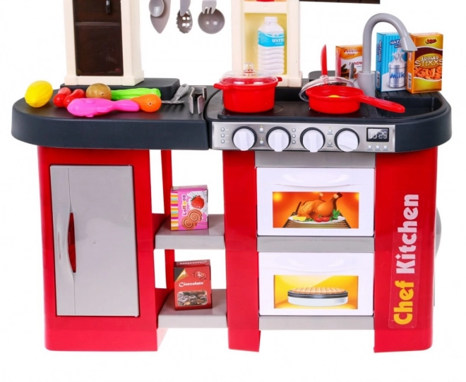 Interactive Red Children's Kitchen With Sound And Light Burners + Water Faucet + 58 Accessories