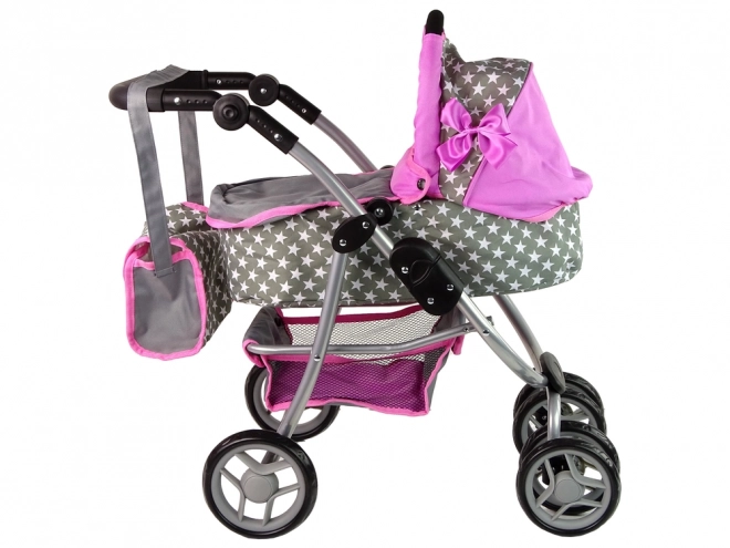 Passeggino Per Bambole 2 in 1 Rosa Stelle