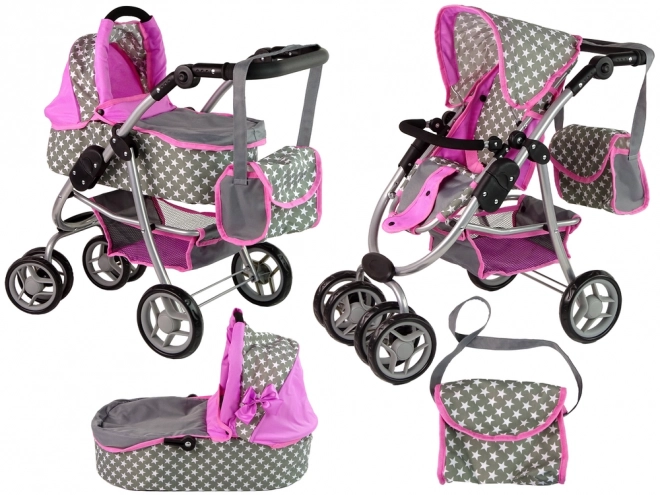 2-in-1 Doll Stroller with Bag - Pink Stars