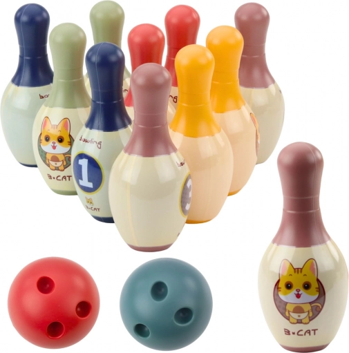 Set da bowling per bambini con gattini – 10 birilli e 2 palle colorate