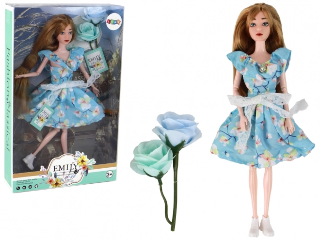 Emily Doll with Long Hair and Floral Blue Dress