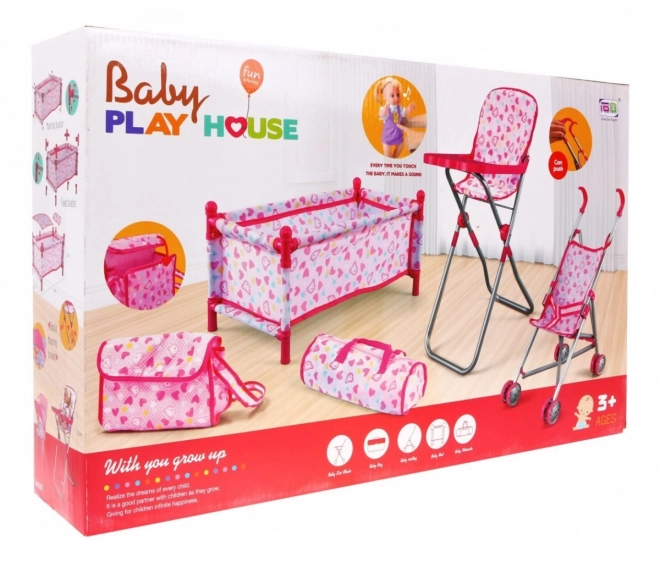 Doll Accessories Set for Kids 3+ with Stroller and High Chair