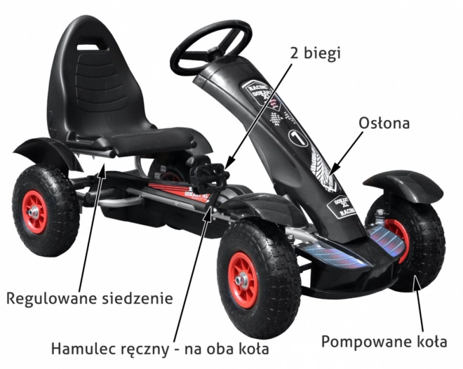 Racing Pedal Go-Kart XL for Children 3+ Black + Inflatable Wheels + Adjustable Seat + Freewheel