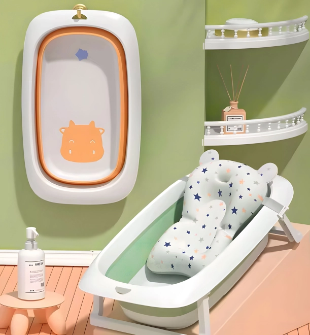 Foldable Baby Bathtub with Drain - Green Cow Design