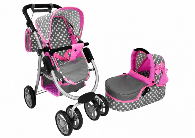 2-in-1 Doll Stroller with Bag - Pink Stars