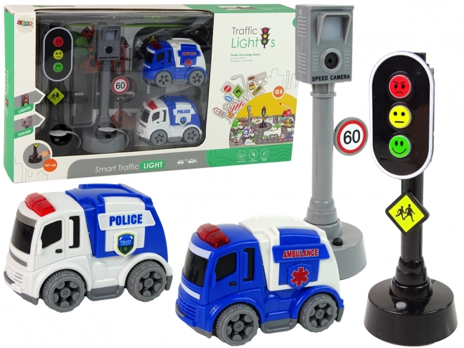 Toy Car Set with Traffic Lights and Road Signs