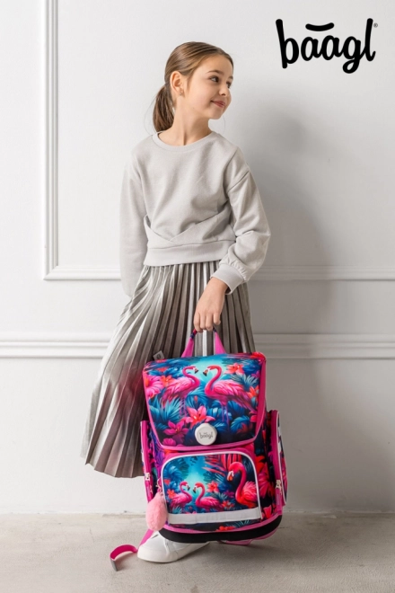 Baagl School Set with Flamingos: Backpack, Pencil Case, Bag