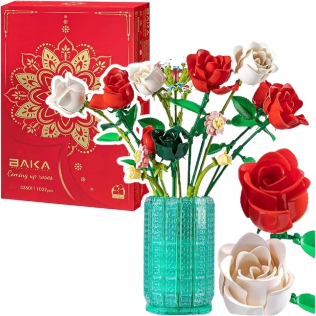 Construction building set Roses in a Vase – white and red, 1022 pieces