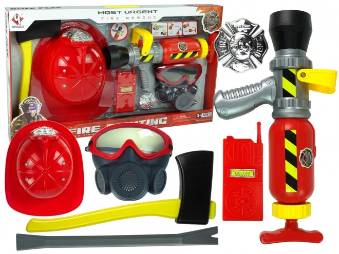 Firefighter Set with Water Extinguisher, Mask, and Red Helmet