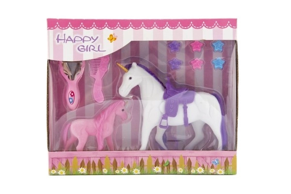 Unicorn Horse with Saddle and Foal Set