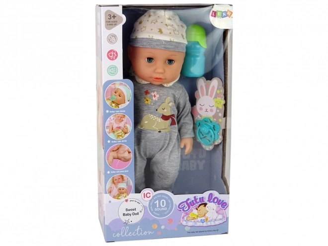 Interactive Baby Doll with Sounds and Accessories in Gray Pajamas