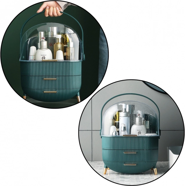 Cosmetic Organizer with Transparent Lid and Two Drawers Green