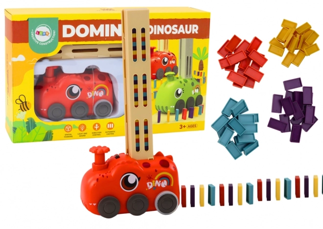 Red Dinosaur Car with Colorful Dominoes