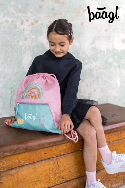 Drawstring Bag with Pocket - Pink Rainbow