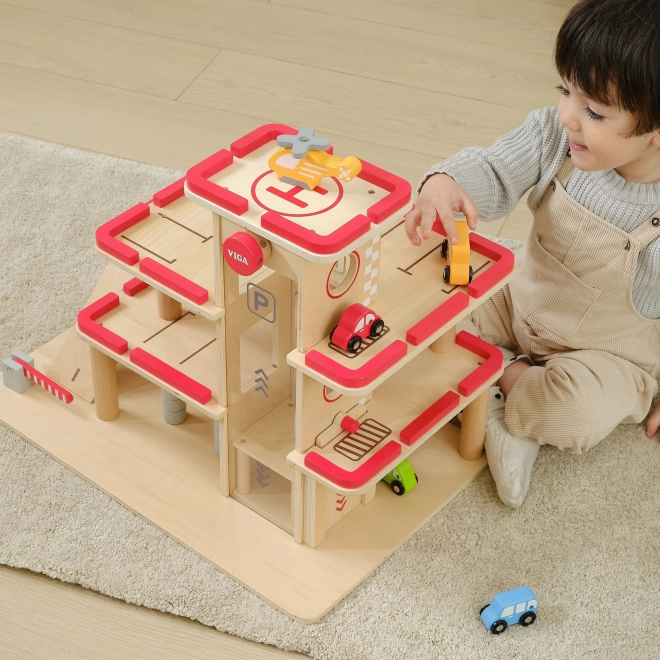 Wooden Parking Garage Set with Elevator