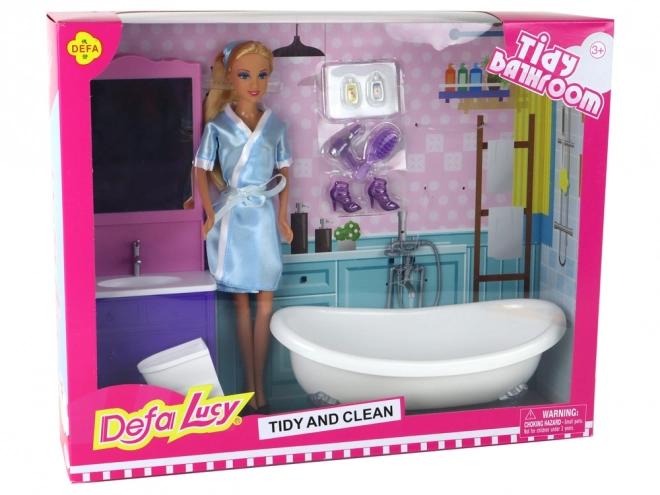 doll with bathrobe and bathroom accessories