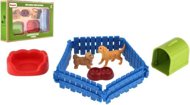 Chiens en plastique avec enclos et accessoires, lot de 2 pièces