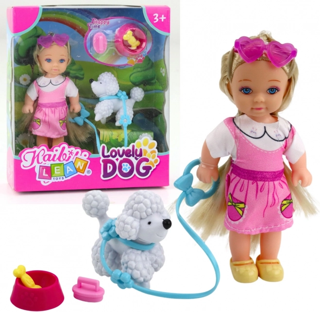 Mini doll with a dog on a leash and a bowl with a bone