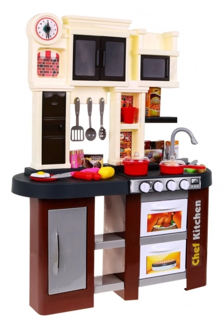 Interactive Brown Play Kitchen for Kids with Sound and Light Effects