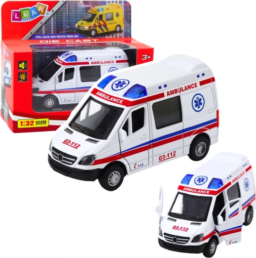 Ambulanza in metallo 1:32 con meccanismo pull-back, luci e suoni – bianca