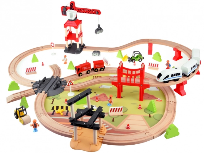 Wooden Train Set with Transport Base and Crane