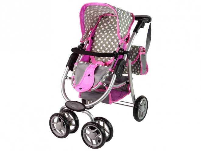 2-in-1 Doll Stroller with Bag - Pink Stars