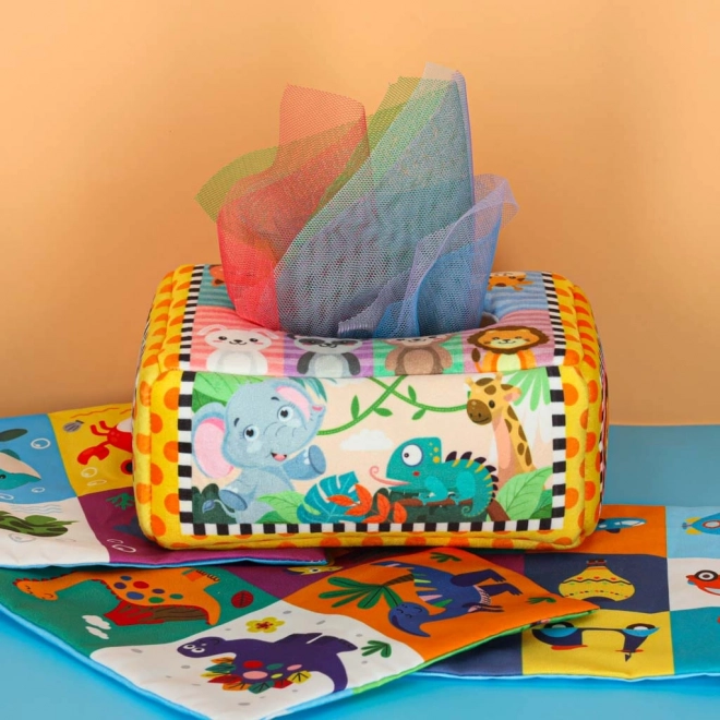 Boîte sensorielle Montessori avec mouchoirs colorés et animaux