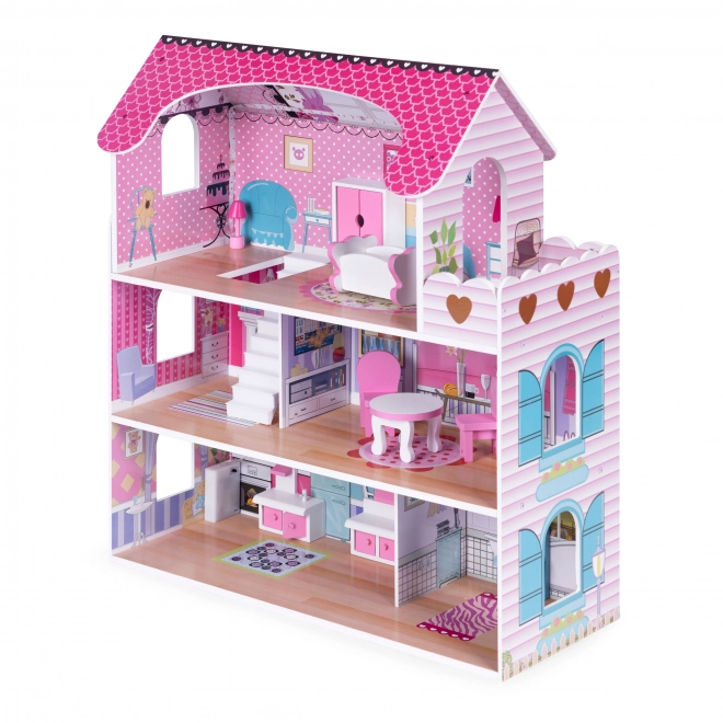 Wooden Dollhouse with LED Lighting and Furniture Set