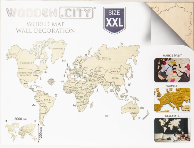Dřevěná nástěnná 3D mapa světa XXL přírodní barvy