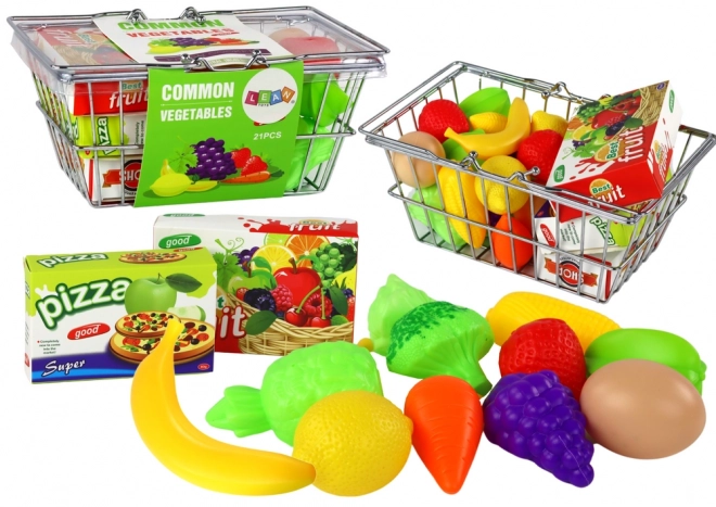 metal shopping basket with groceries toy set