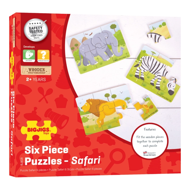 Tre separate puslespil med safari-dyr