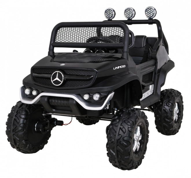 Mercedes Benz Unimog pro děti černý + pohon 4x4 + dálkové ovládání + zavazadlový prostor + pomalý start + MP3 LED