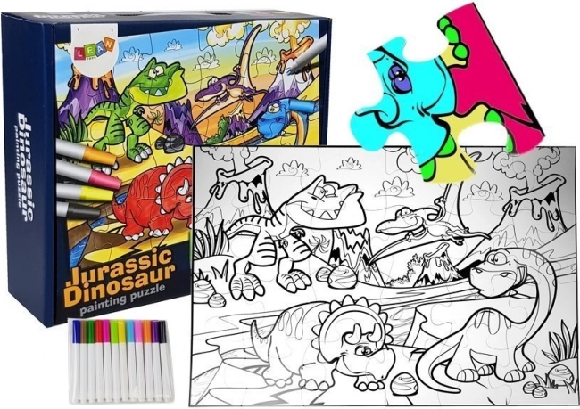 Puzzle do kolorowania Dinozaury z markerami