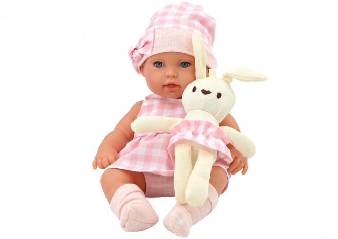 Baby Doll with Pink Checkered Outfit and Bunny Carrier