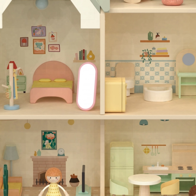 Large wooden dollhouse with furniture