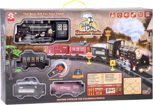 Large Retro Train Set with Locomotive Remote Control with Light and Steam