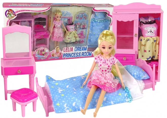 Doll Furniture Set with Bed, Wardrobe, and Vanity